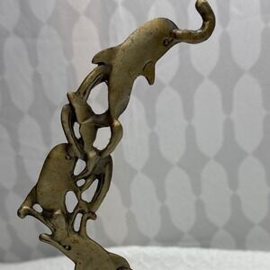 Vintage Brass Dolphin Family Candle Holder Taiwan‎ Ocean Decor Nautical